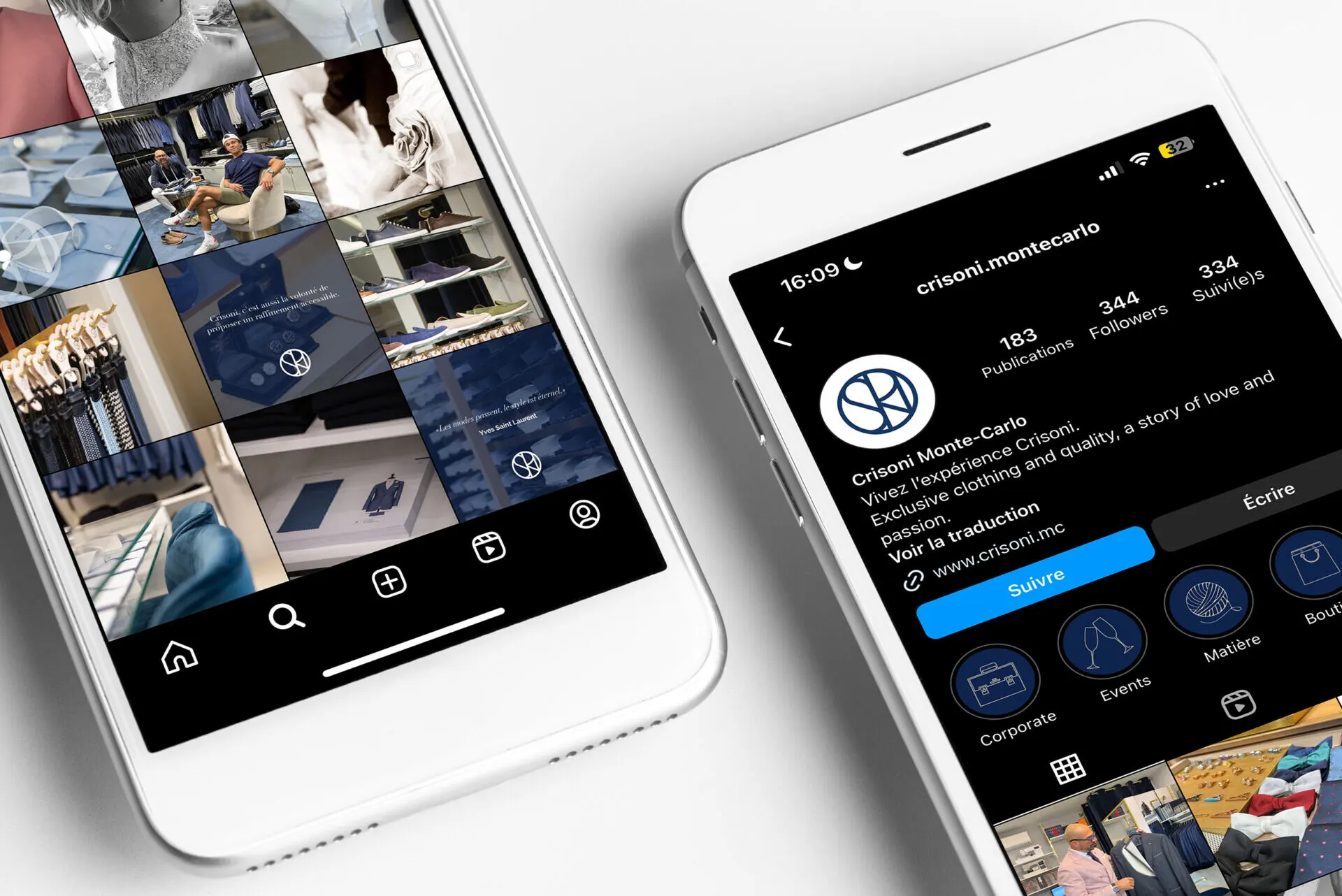 Compte Instagram Crisoni sur deux smartphones