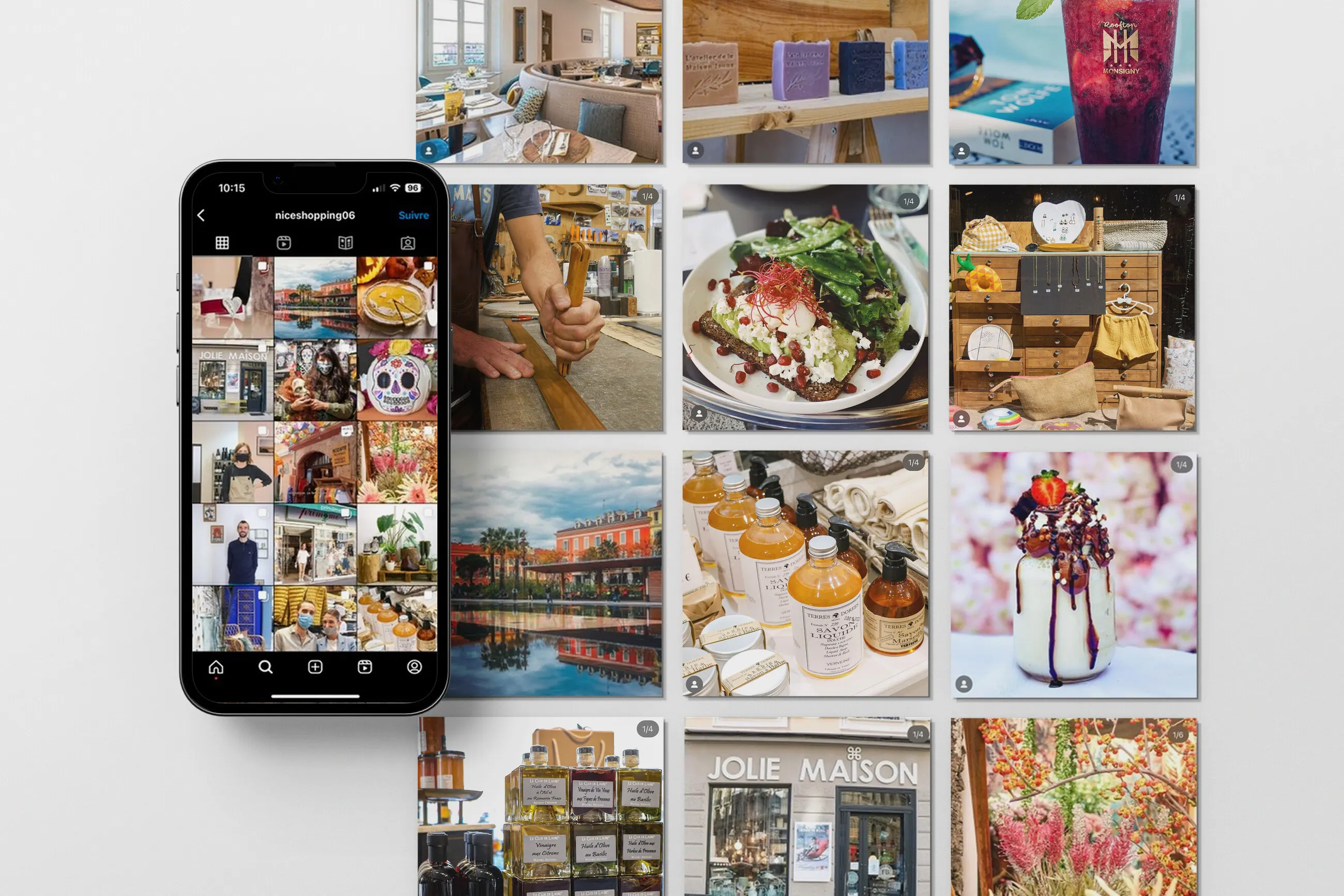 Grille de publications Nice Shopping et smartphone