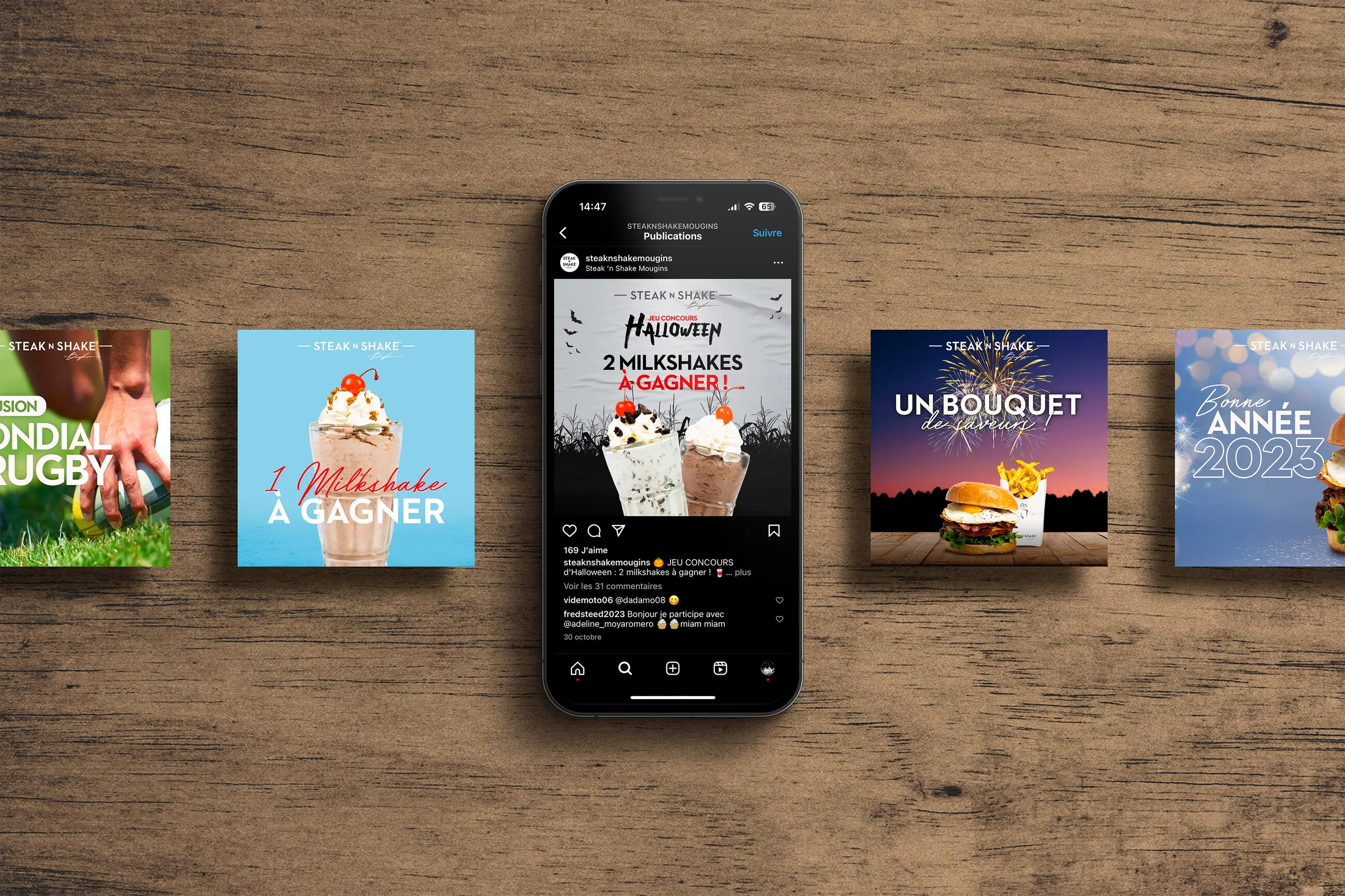 Publications Instagram Steak’n Shake sur un smartphone posé sur une table en bois